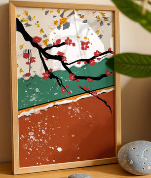 Artistic depiction of blossom branches with gold elements and abstract background