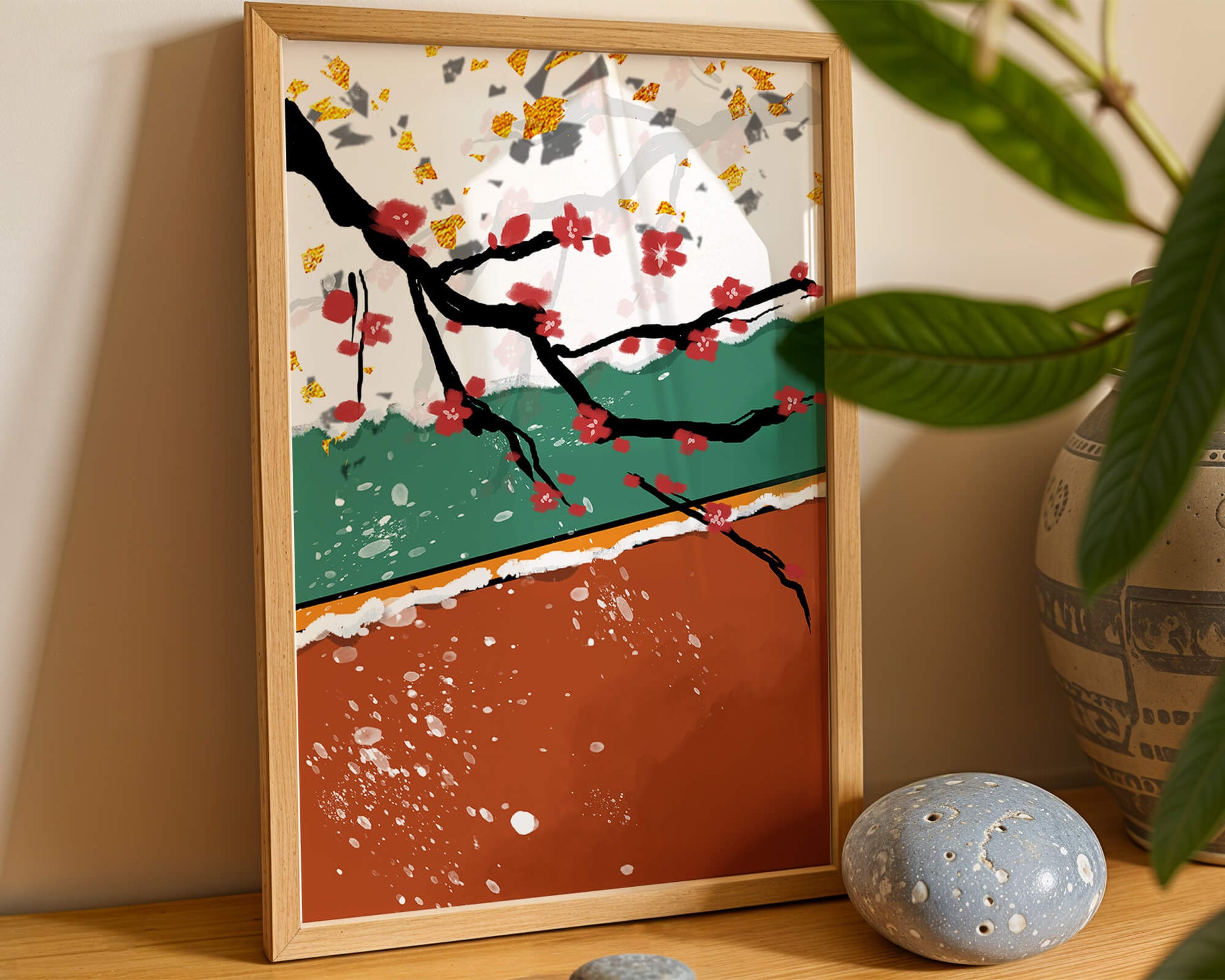 Artistic depiction of blossom branches with gold elements and abstract background