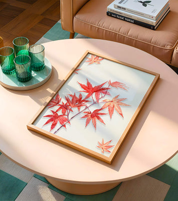 Delicate red maple leaves on white background