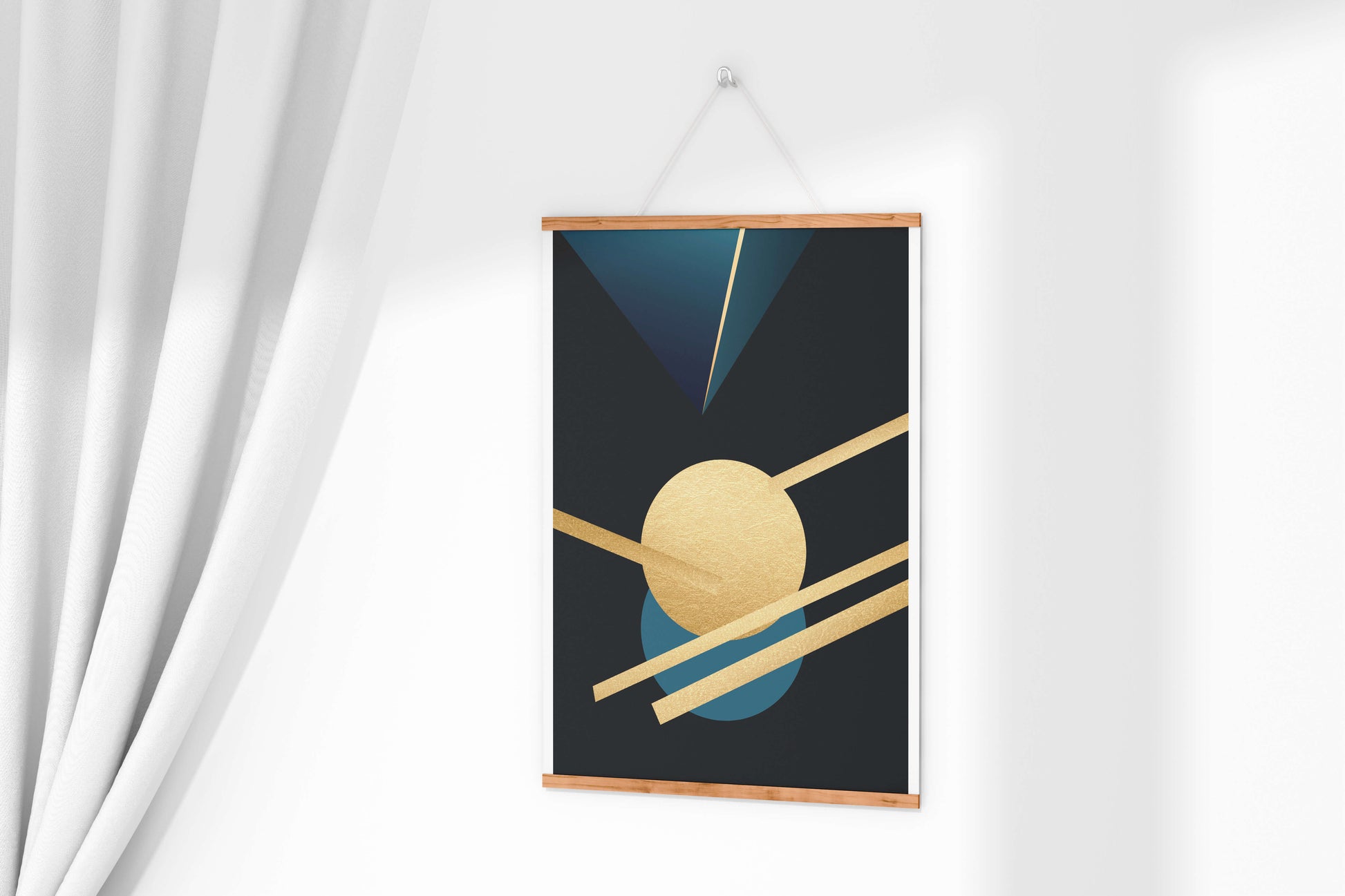 Abstract Geometric Composition with Gold and Blue Elements
