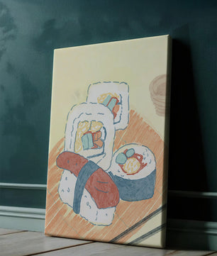 Illustration of assorted sushi on a wooden board