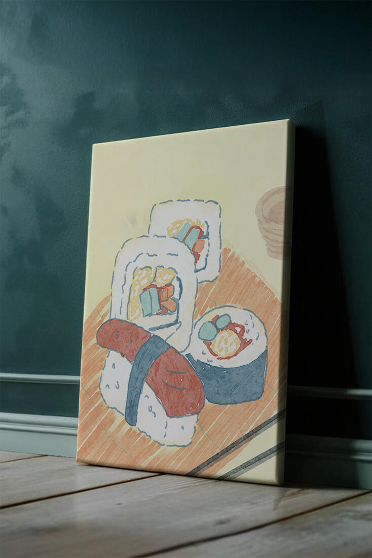 Illustration of assorted sushi on a wooden board