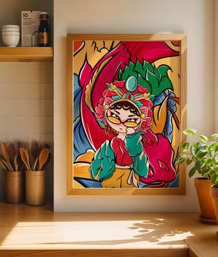 Vibrant illustration featuring a character in traditional costume with dragon elements