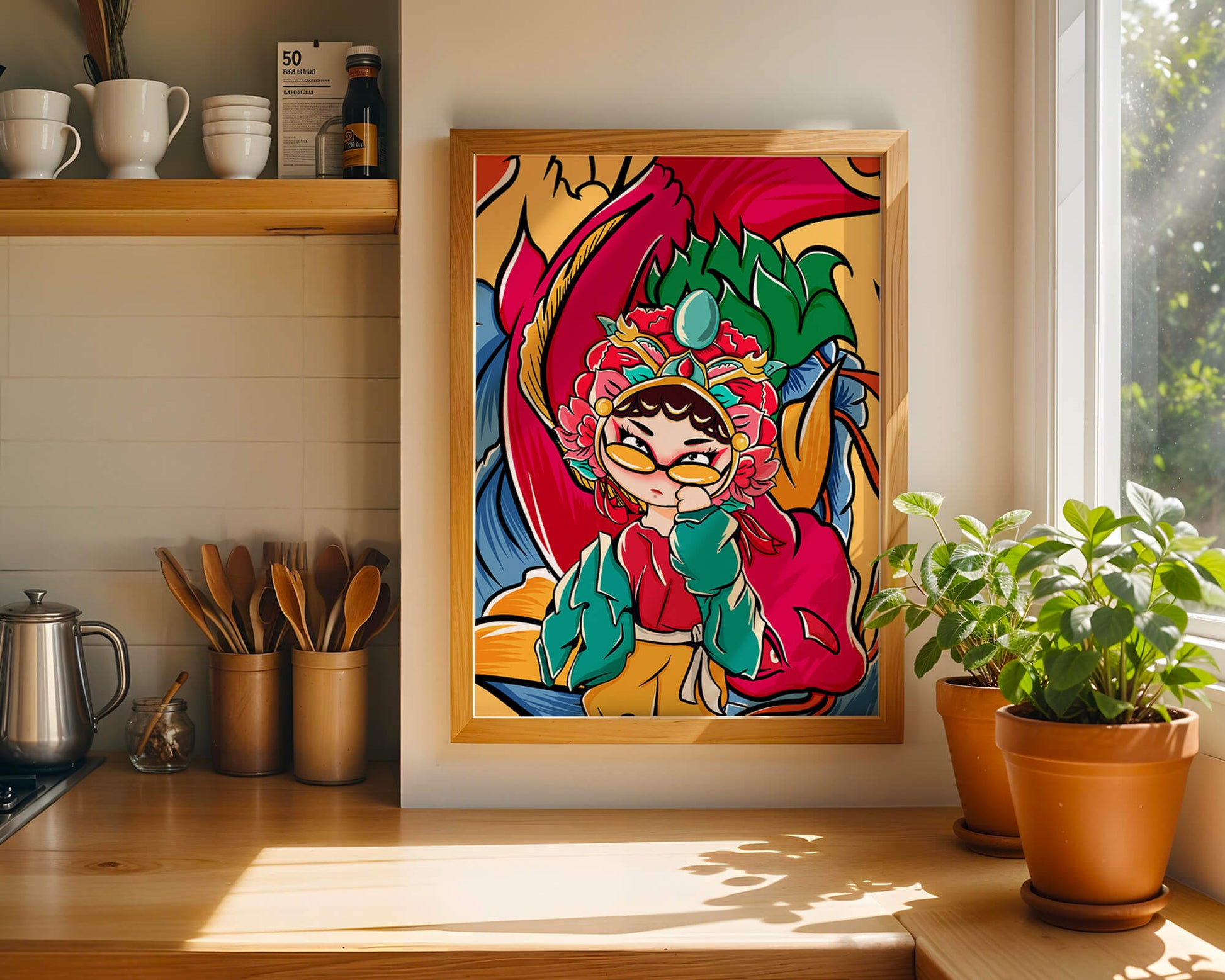 Vibrant illustration featuring a character in traditional costume with dragon elements