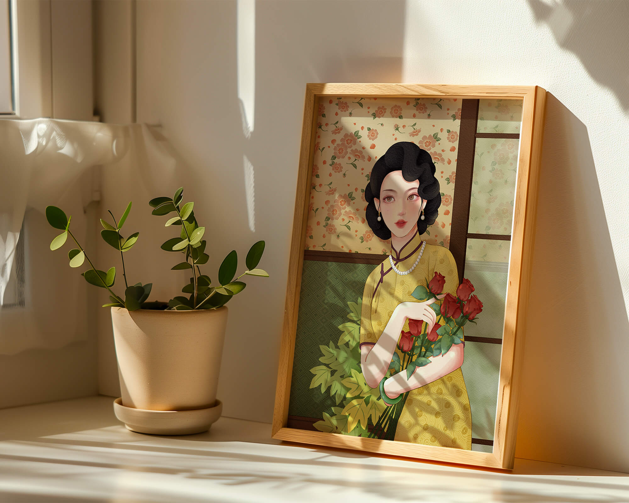 Elegant woman with floral backdrop holding a bouquet