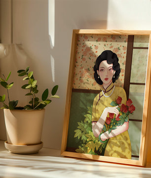 Mujer elegante con fondo floral sosteniendo un ramo