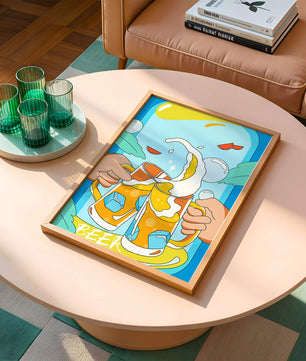Colorful Illustration of Two Clinking Beer Mugs with Ice Cubes and Citrus Slices