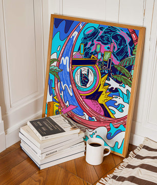 Vibrant abstract art with waves and neon elements