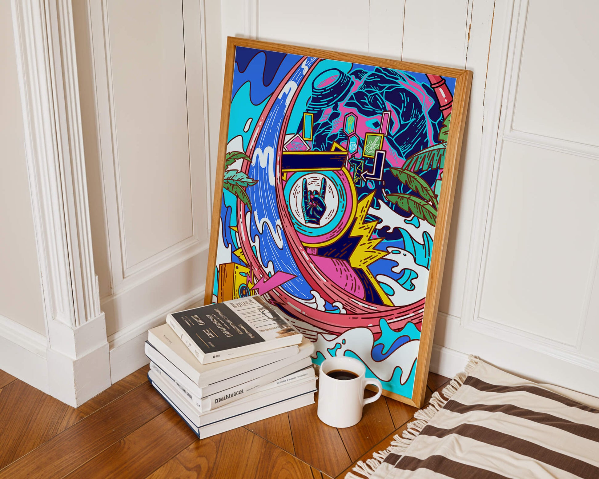 Vibrant abstract art with waves and neon elements
