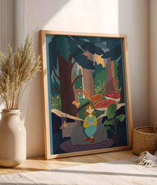 Figura femenina pacífica con criaturas del bosque y vegetación verde exuberante