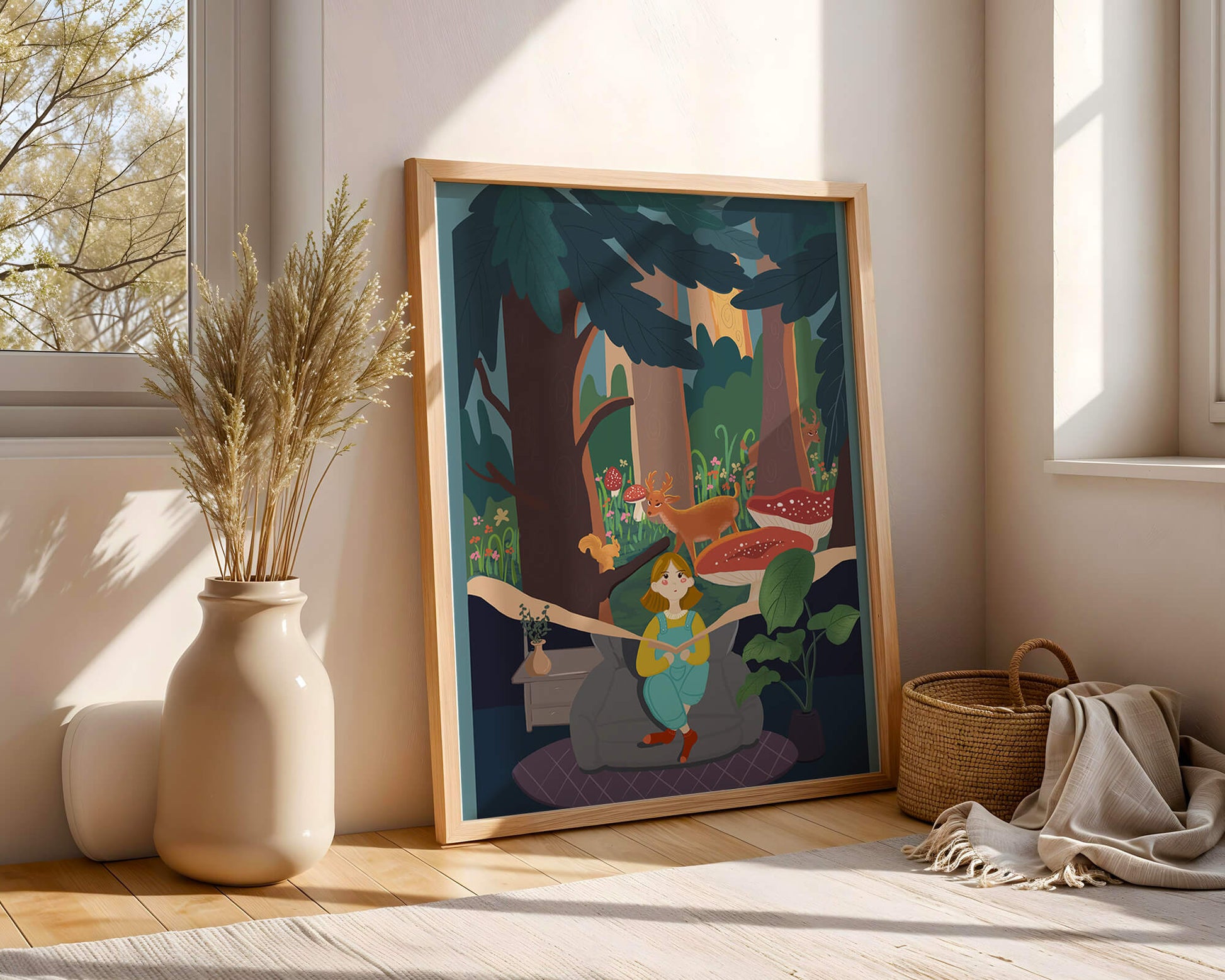 Figura femenina pacífica con criaturas del bosque y vegetación verde exuberante