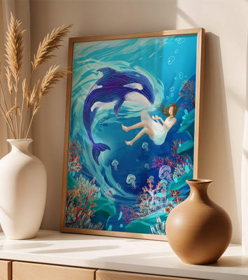 Underwater fantasy scene with a playful whale and a girl floating amidst coral and jellyfish