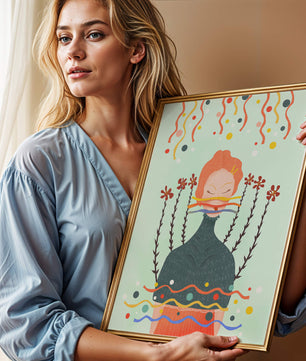 Whimsical Abstract Art of a Woman with Flowers and Streamers - Mi tienda