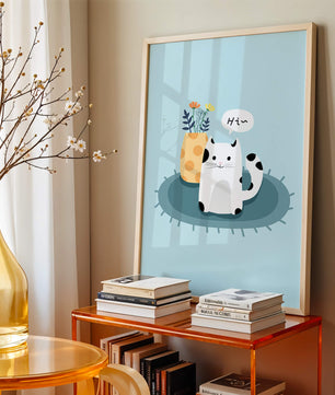 Cute illustration of a cat and flowers on a rug with a speech bubble