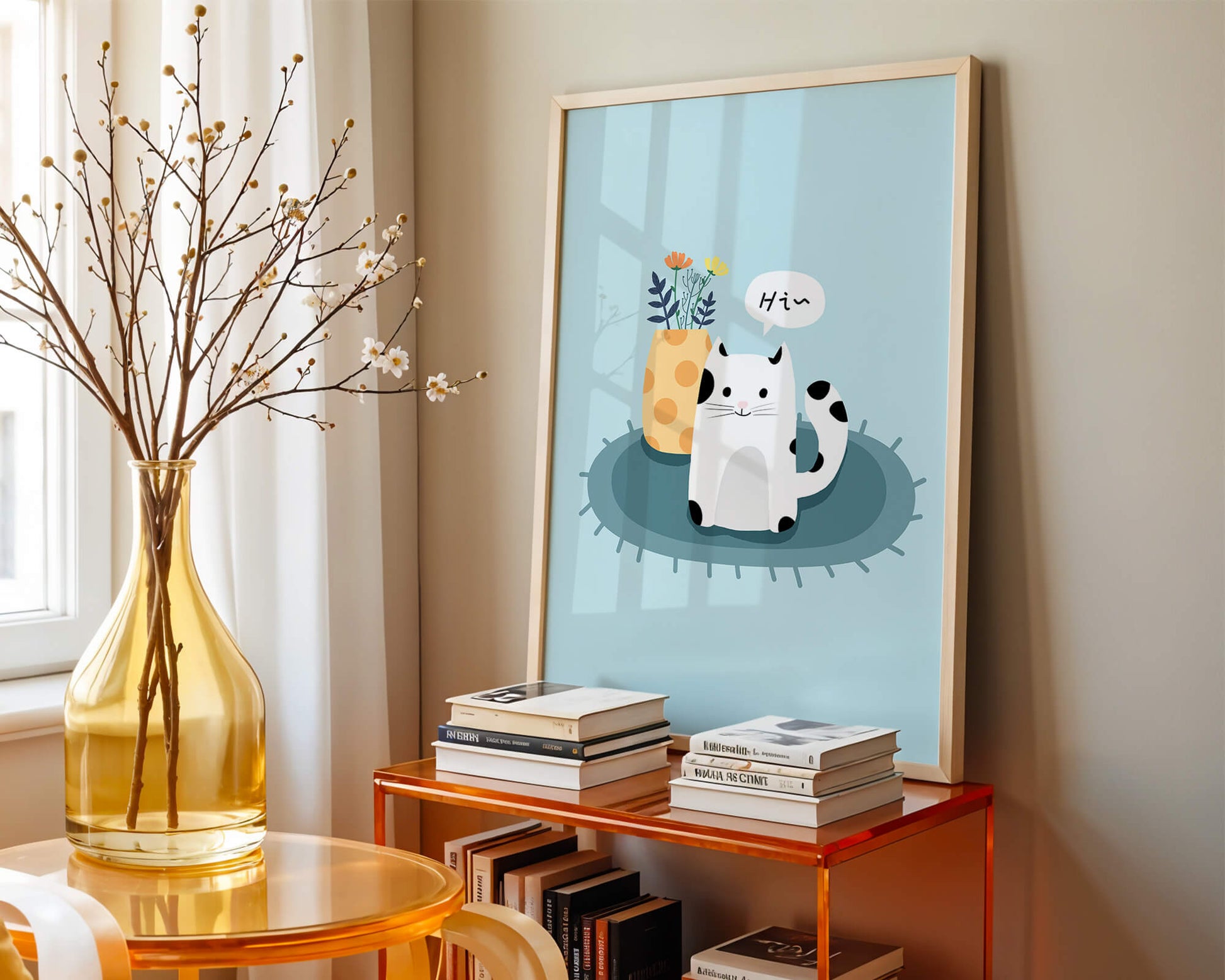 Cute illustration of a cat and flowers on a rug with a speech bubble