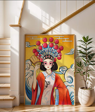 Eine elegante Darstellung asiatischer Kunst mit traditioneller Kleidung und kunstvollem Kopfschmuck