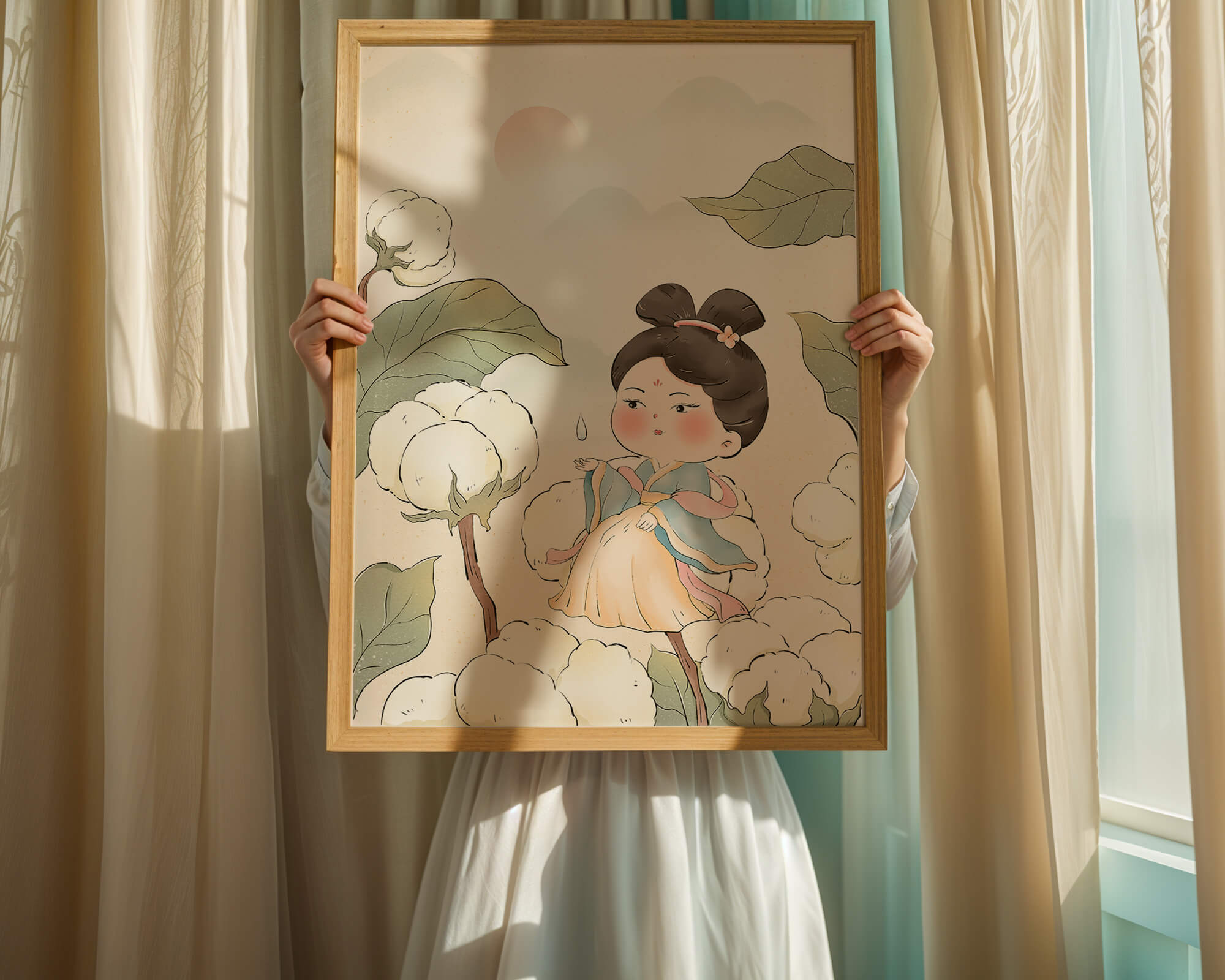 Elegant illustration of a young girl in traditional attire amid cotton plants