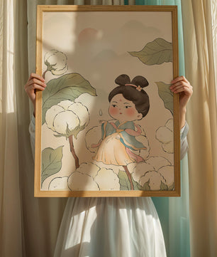 Illustration élégante d'une jeune fille en tenue traditionnelle au milieu de plants de coton