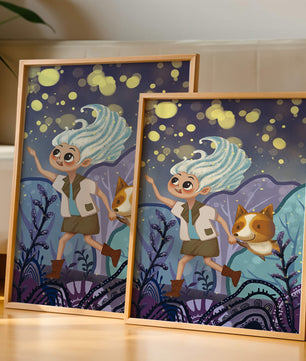 Whimsical Adventure in a Magical Night Sky Landscape