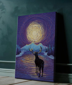 Moose Under Starry Night Sky with Radiant Moon