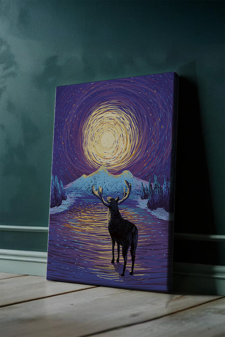 Moose Under Starry Night Sky with Radiant Moon