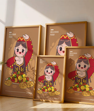 Illustration d’une figure culturelle ouïghoure portant un costume traditionnel et partageant un repas festif