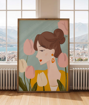 Illustration d'une femme avec des tulipes et des boucles d'oreilles élégantes