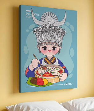 Charming illustration of a person in traditional attire enjoying a meal