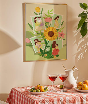 Ilustración de momentos familiares con fondo floral vibrante