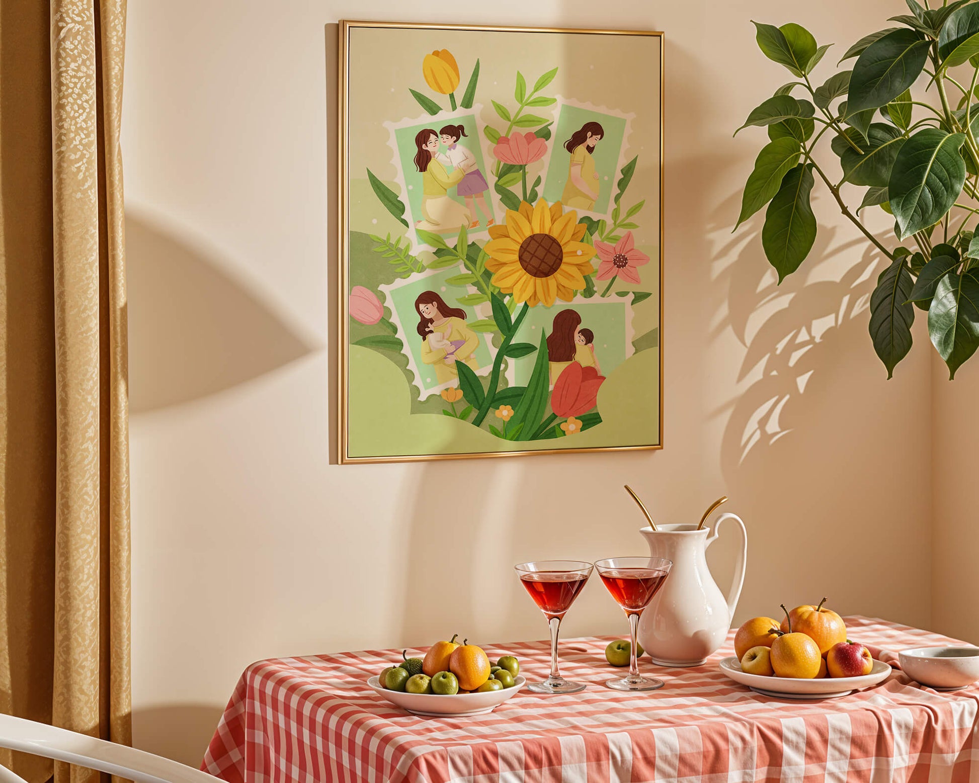 Ilustración de momentos familiares con fondo floral vibrante