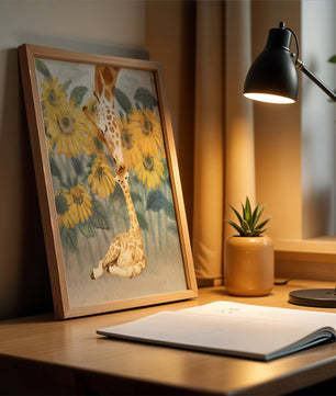 Pintura acuarela de jirafas y girasoles en una escena tierna de una familia de jirafas