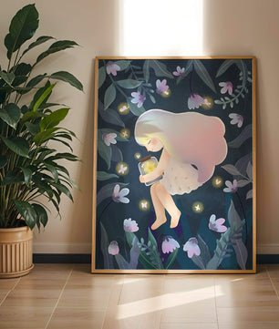 Illustration d'une fille avec un bocal lumineux dans un jardin au clair de lune