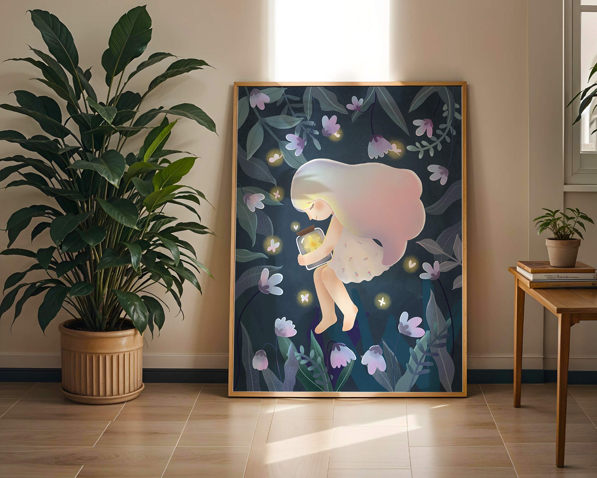 Illustration of a girl with glowing jar in moonlit garden