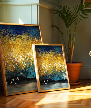 Vibrant Forest Landscape with Birds and Golden Leaves