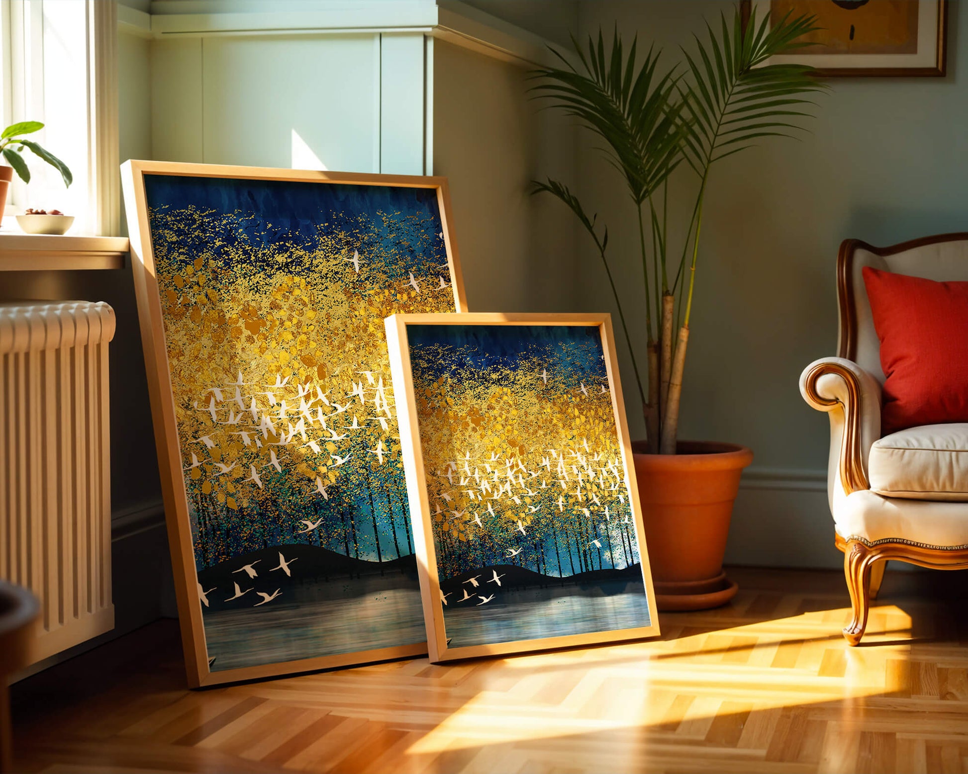 Vibrant Forest Landscape with Birds and Golden Leaves