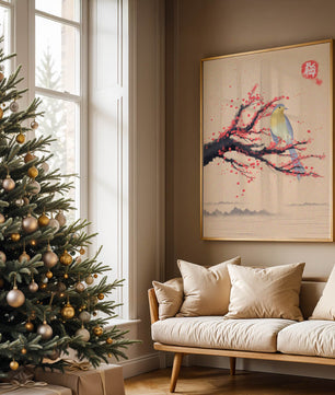 Oiseau serein sur une branche de cerisier dans le style artistique asiatique traditionnel