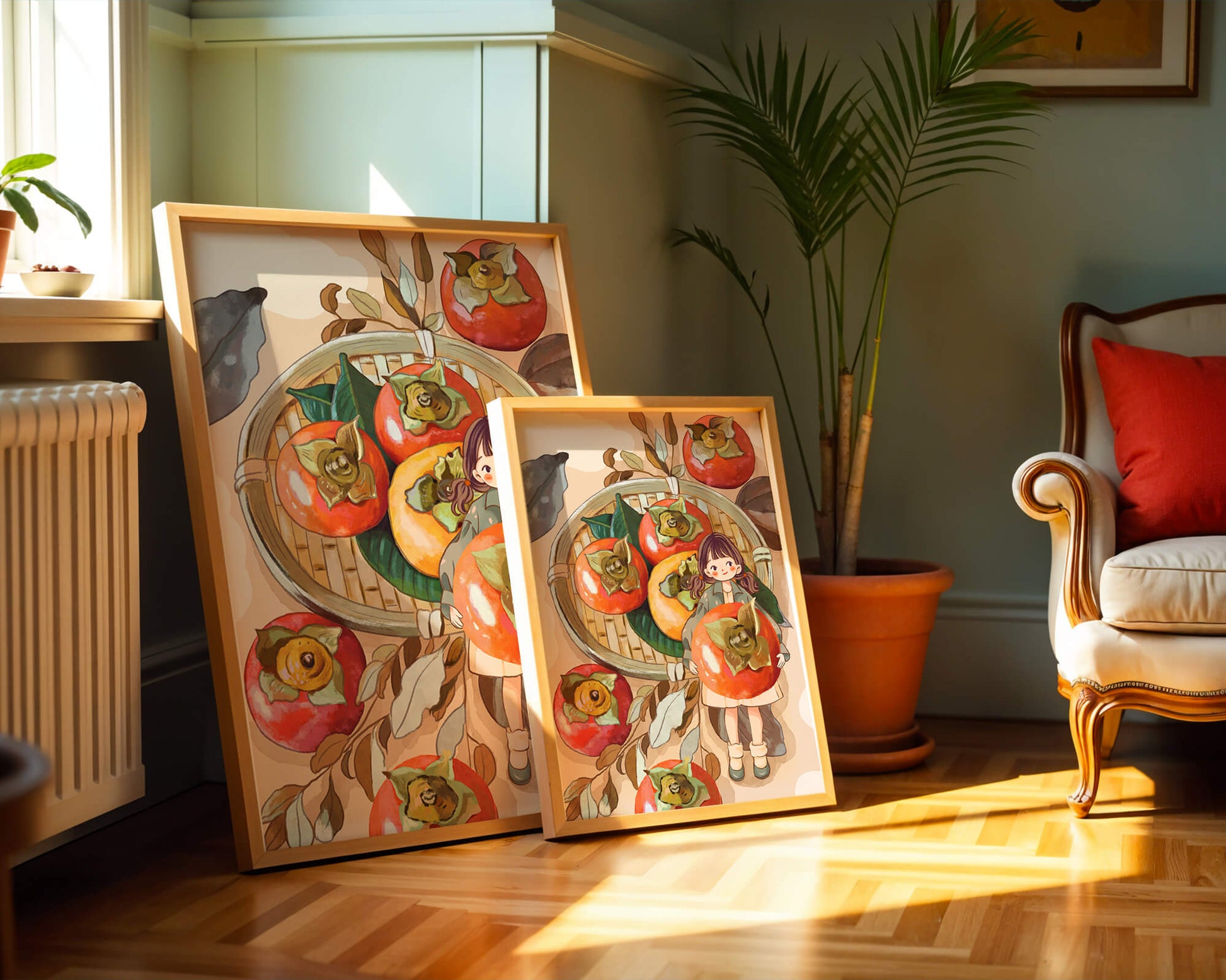 Joven sosteniendo un dátil en una escena de cosecha caprichosa