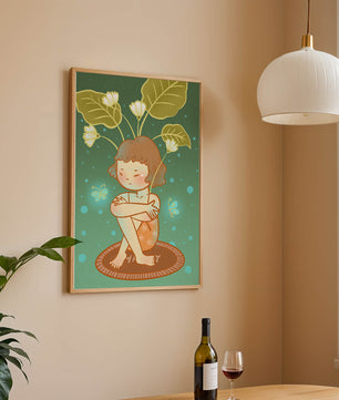 Ilustración de un niño con tocado floral y mariposas