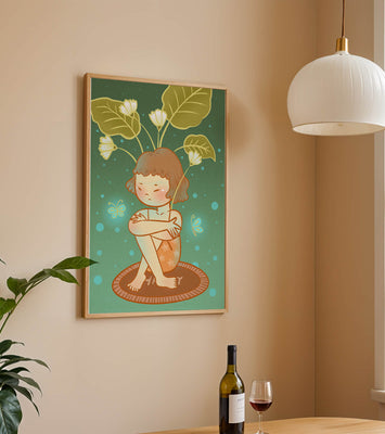 Child with floral headpiece and butterflies illustration