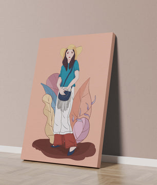 Stylish woman in summer attire with botanical background illustration