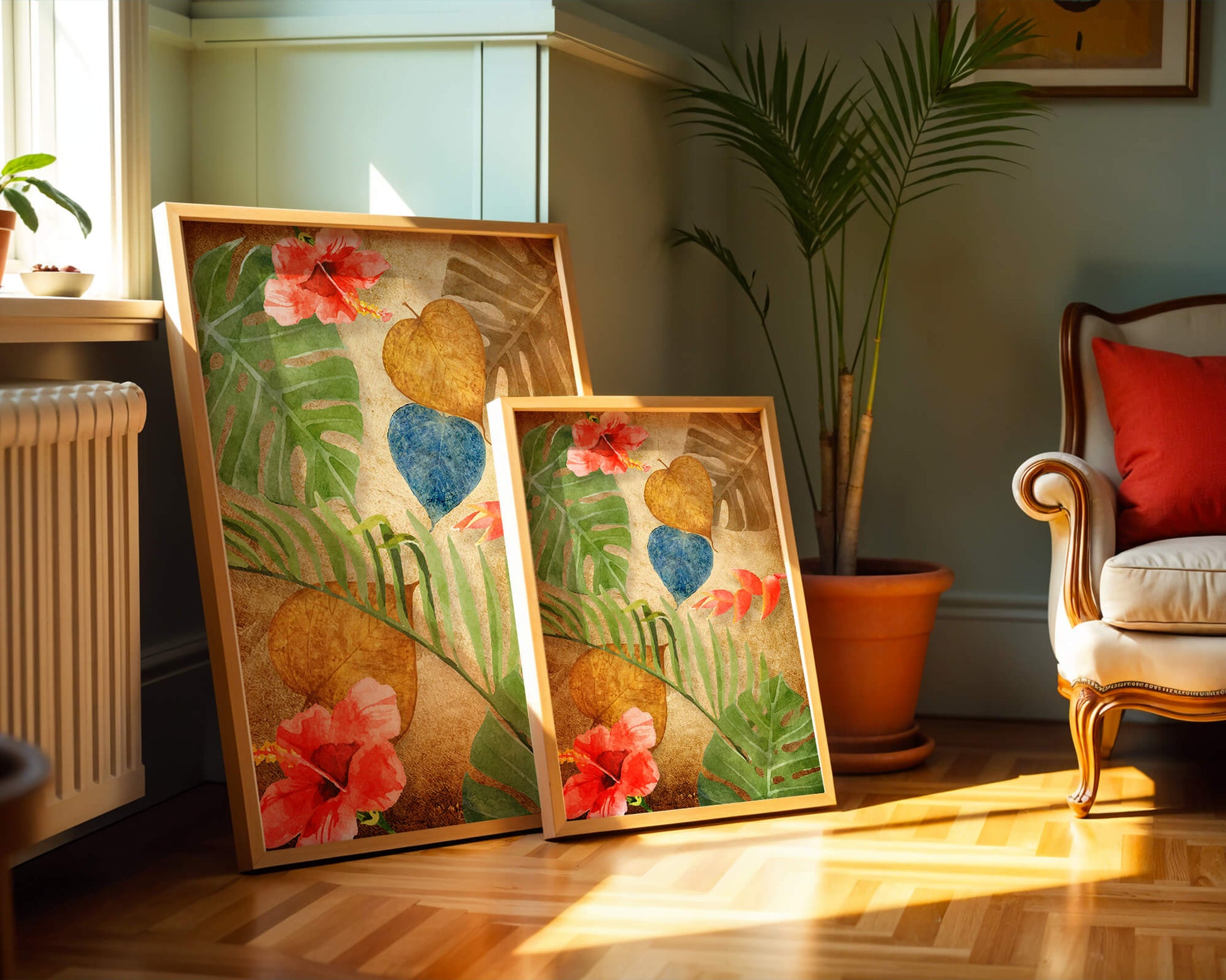 Vibrant tropical leaves and flowers watercolor design