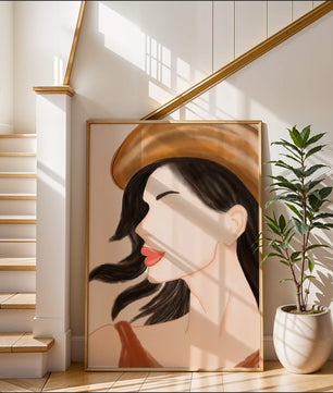 Stylized portrait of a woman in a hat with flowing hair