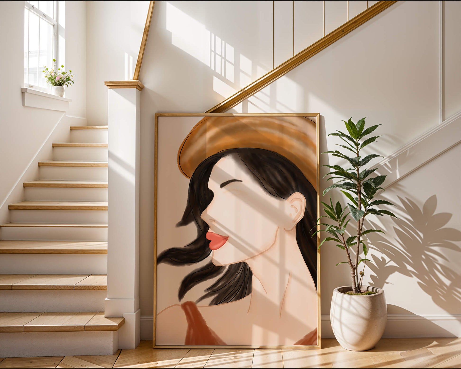 Stylized portrait of a woman in a hat with flowing hair