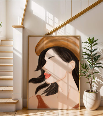Stylized portrait of a woman in a hat with flowing hair