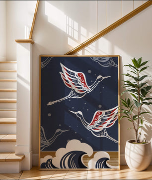 Illustrative cranes flying over ocean waves with dark background