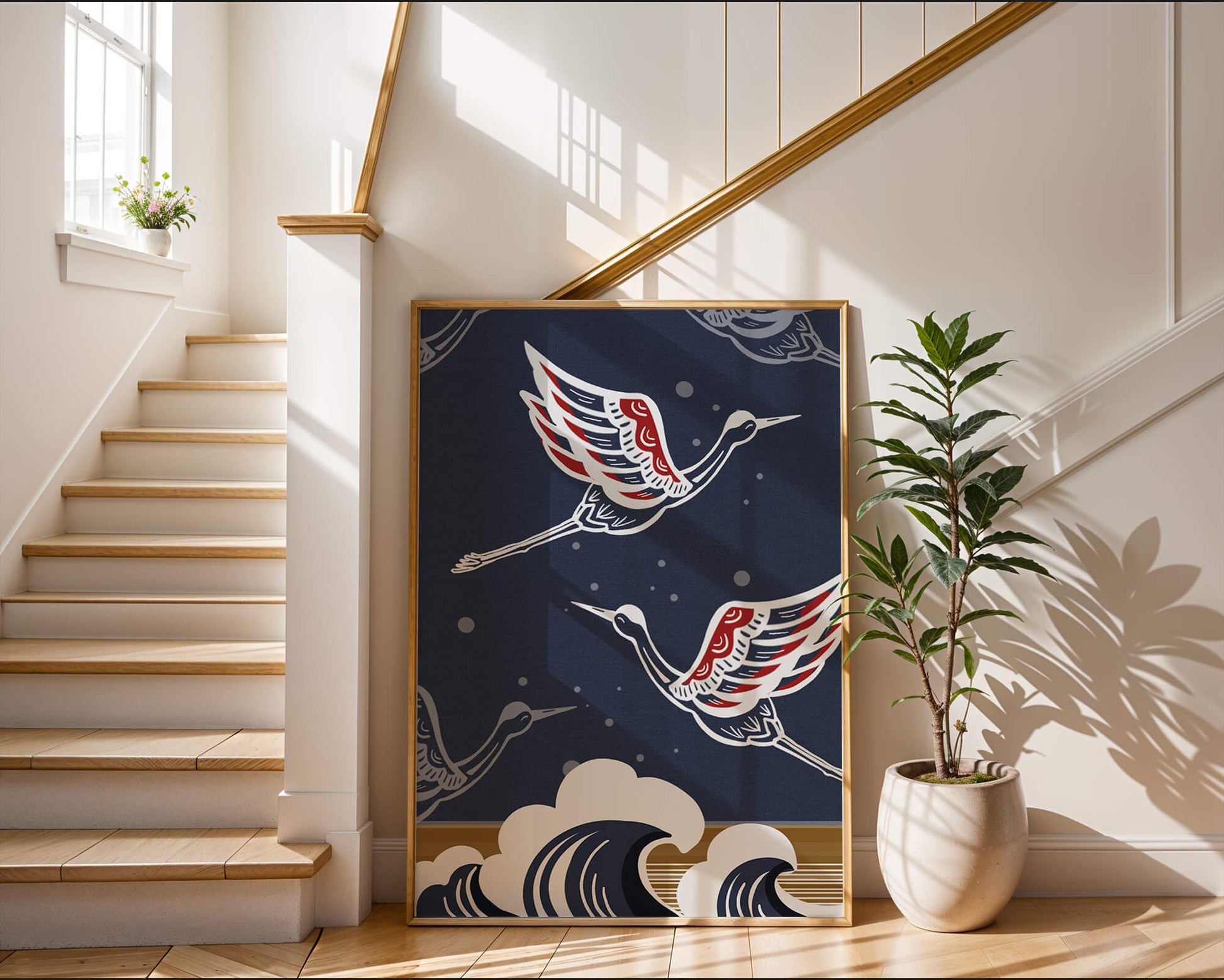 Illustrative cranes flying over ocean waves with dark background