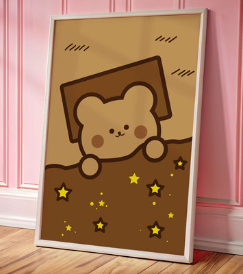 Adorable bear peeking out from a blanket with stars illustration