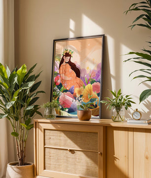 Femme dans la nature avec des fleurs et des notes de musique