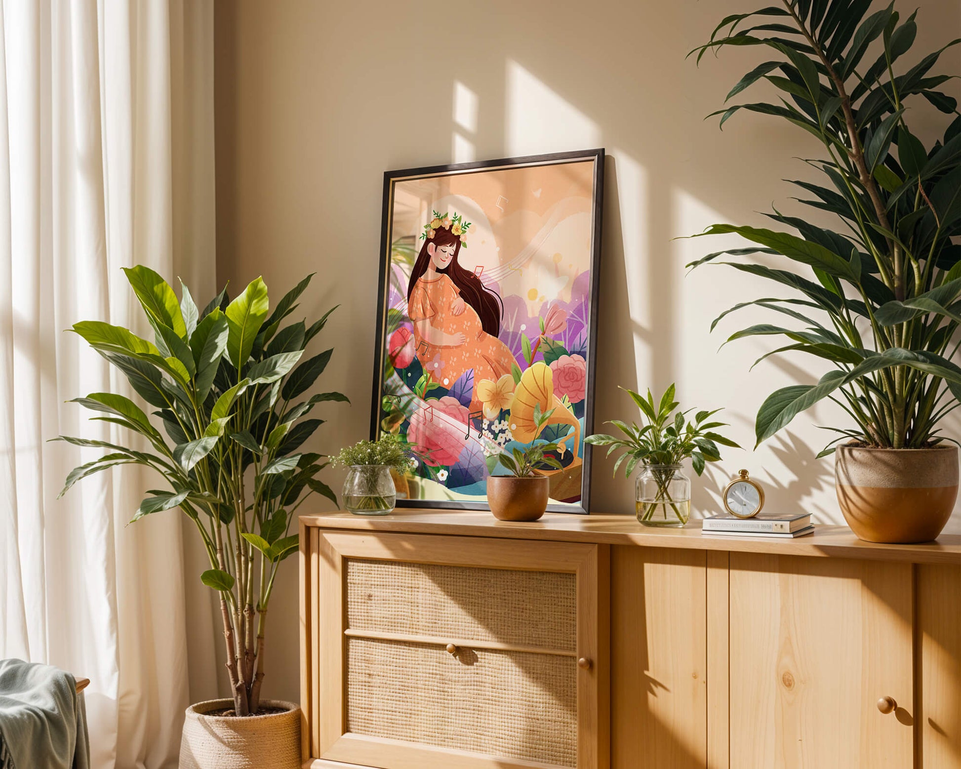 Woman in nature with flowers and musical notes