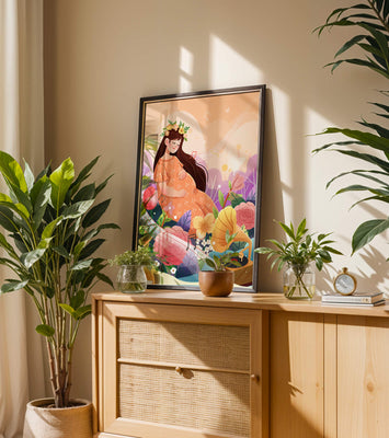 Woman in nature with flowers and musical notes